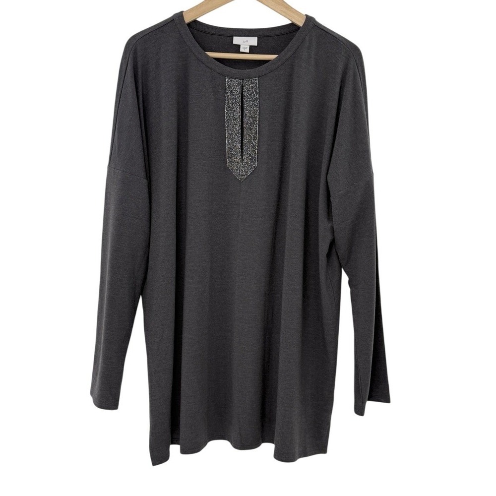 J.Jill Charcoal Gray Pullover Peekaboo Neck Tunic Blouse XL Sparkly Accent Boho